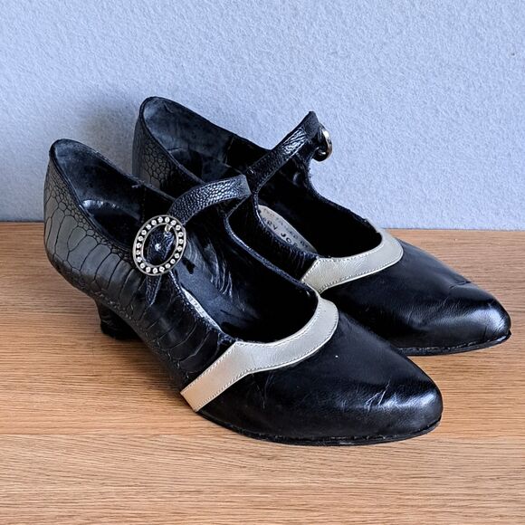Vintage Handmade Mary Jane Womens 7.5 Black Patent Kitten Heels Rhinestone Retro - Picture 9 of 15